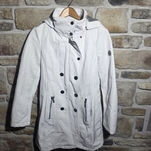 Calvin Klein Women’s White Softshell Jacket Hooded Full Zip Rain Coat Size Sm